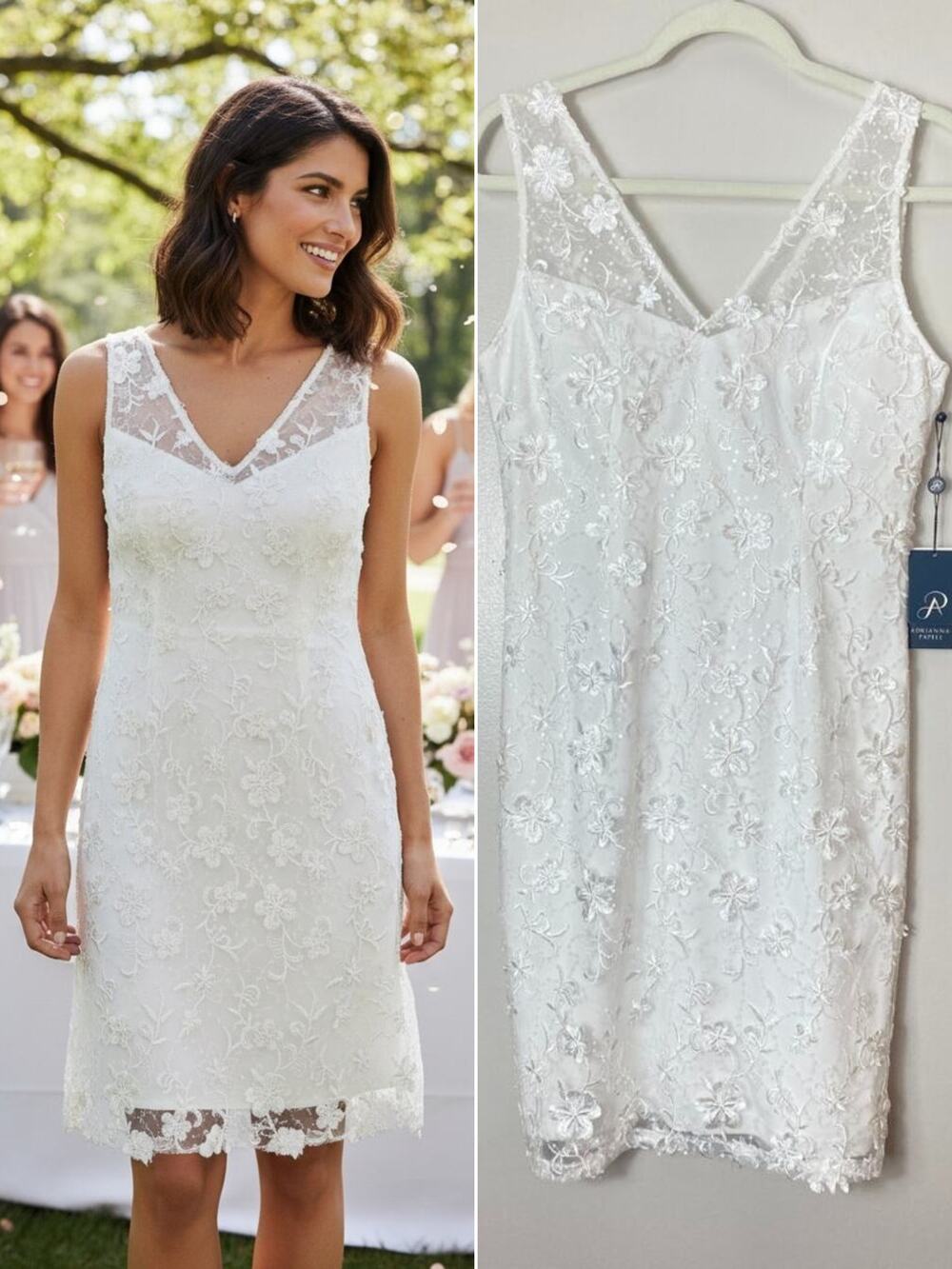 Adrianna Papell White Sequin Floral Embroidered Dress Bridal Wedding